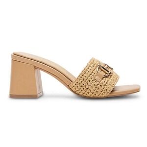 STEVE MADDEN Block Heel Sandal Shoe Mule Tan Raffia Horsebit Square Toe Chunky 7